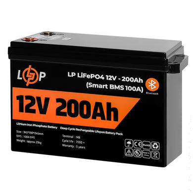 Аккумулятор LP LiFePO4 12V (12,8V) - 200 Ah (2560Wh) (Smart BMS 100А) з BT пластик для ИБП