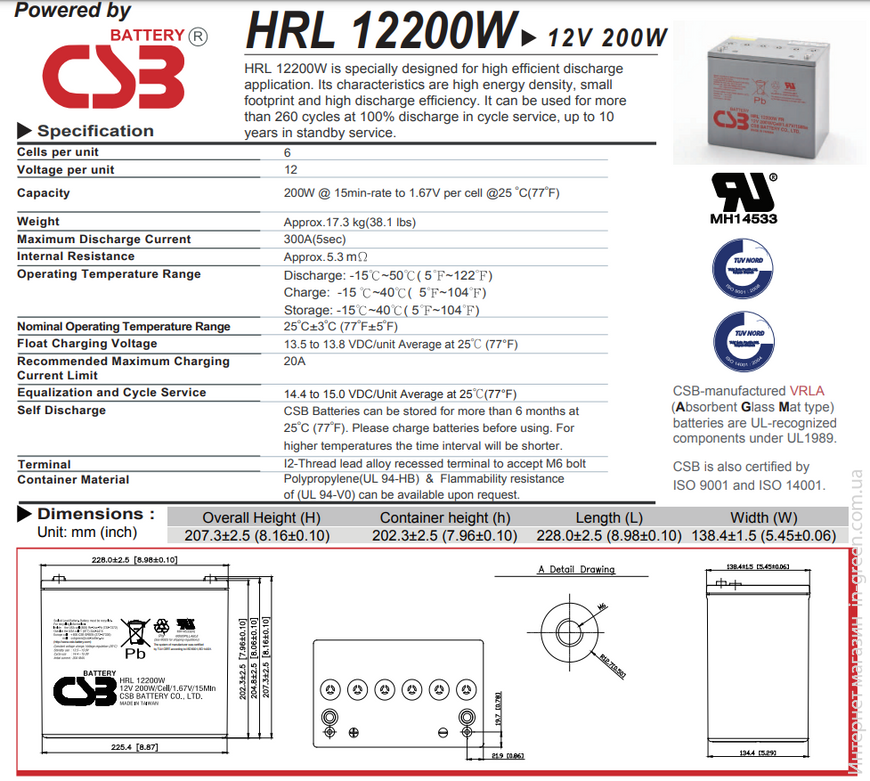 Аккумуляторная батарея EATON CSB HRL12200WFR(M6)