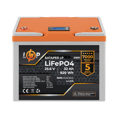 Аккумулятор LP LiFePO4 25,6V - 32 Ah (820Wh) (BMS 60А/30A) пластик LCD