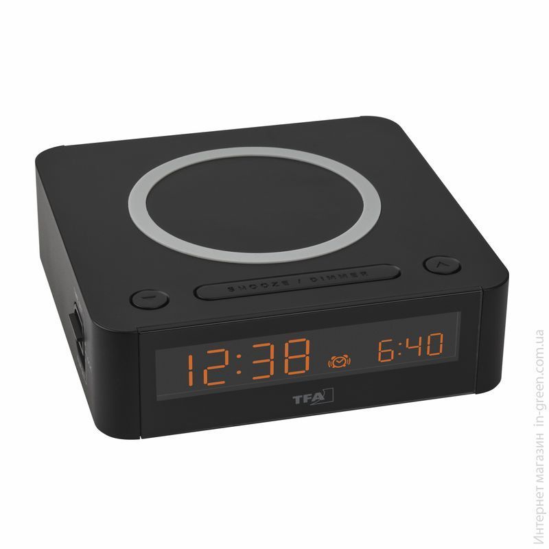 Будильник с беспроводной зарядкой TFA "EASY-CHARGE WIRELESS" (стандарт Qi) и USB-зарядкой (60203001)