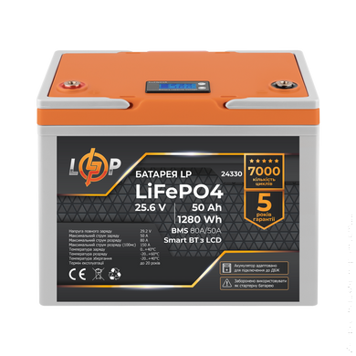 Аккумулятор LP LiFePO4 25,6V - 50 Ah (1280Wh) (BMS 80A/50А) пластик LCD Smart BT
