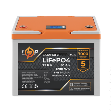 Акумулятор LP LiFePO4 25,6V - 50 Ah (1280Wh) (BMS 80A/50А) пластик LCD Smart BT