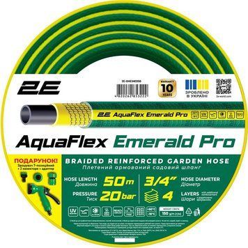 Шланг садовый 2Е AquaFlex Emerald Pro 3/4&Prime; 50 м 4 слоя 20 бар -10&hellip;+60&deg;C ороситель 2 коннектора адаптер