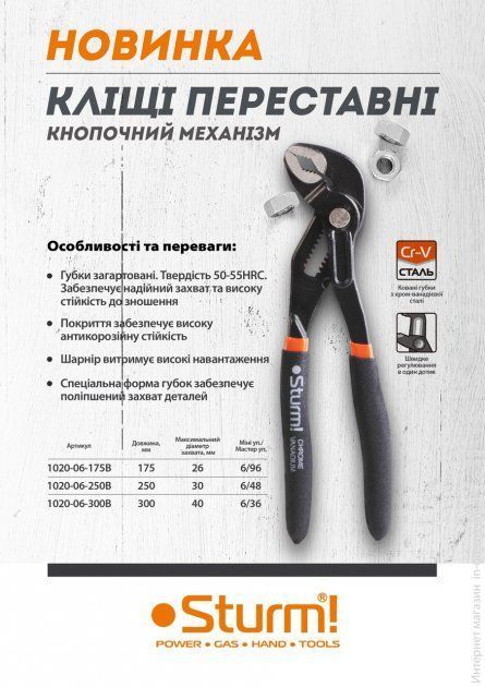 Кліщи переставні 175 мм, кнопочний механизм STURM 1020-06-175B