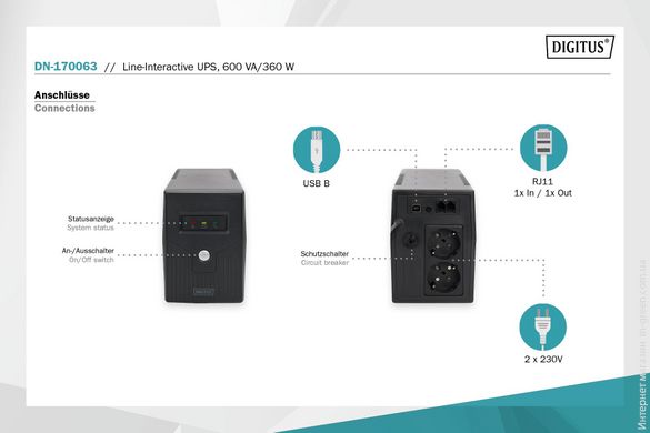 Джерело безперебійного живлення DIGITUS Line-Interactive, 600VA/360W (DN-170063)