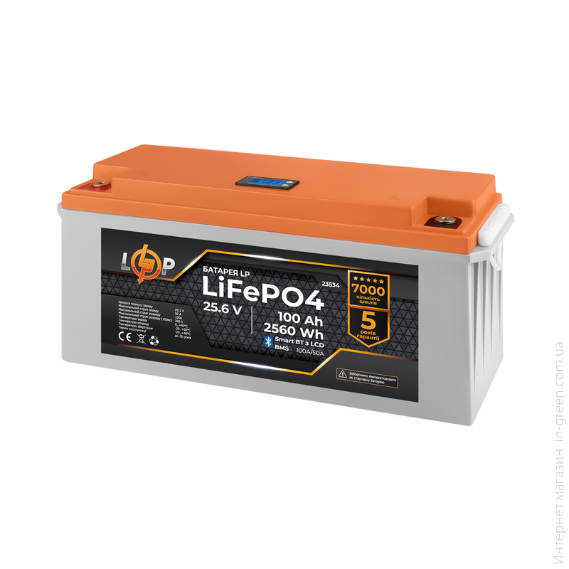 Аккумулятор LP LiFePO4 25,6V - 100 Ah (2560Wh) (BMS 100A/50А) пластик LCD Smart BT