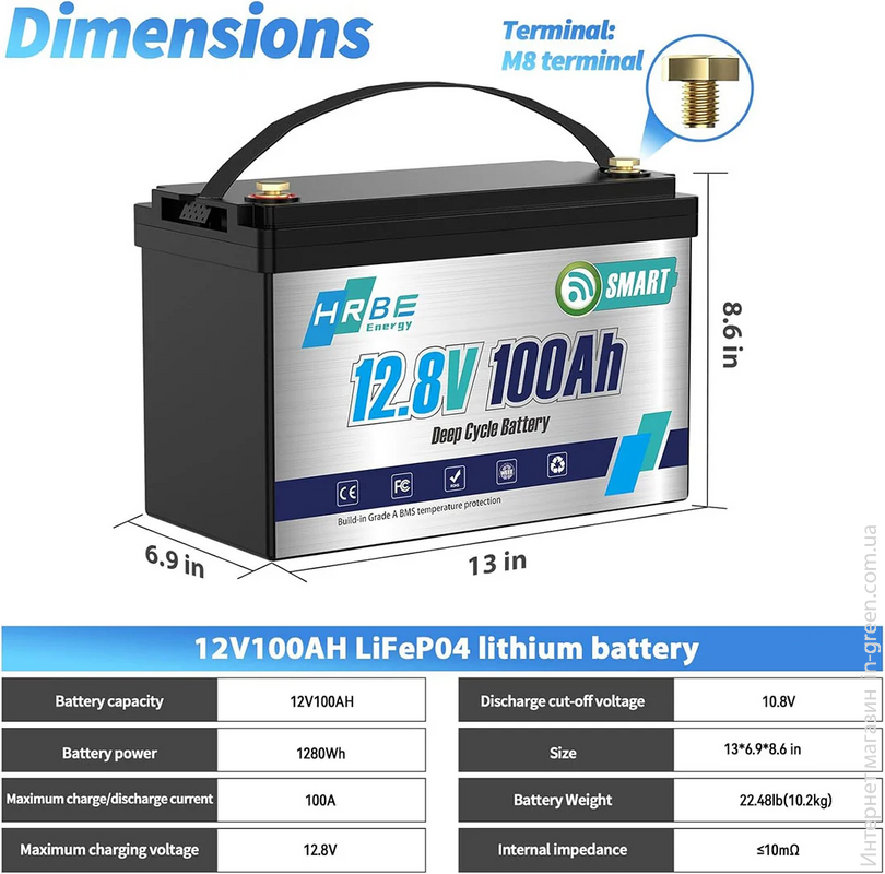 Аккумулятор HRBE Energy LiFePO4 12V/100AH (1280W*h) 332mm Bluetooth