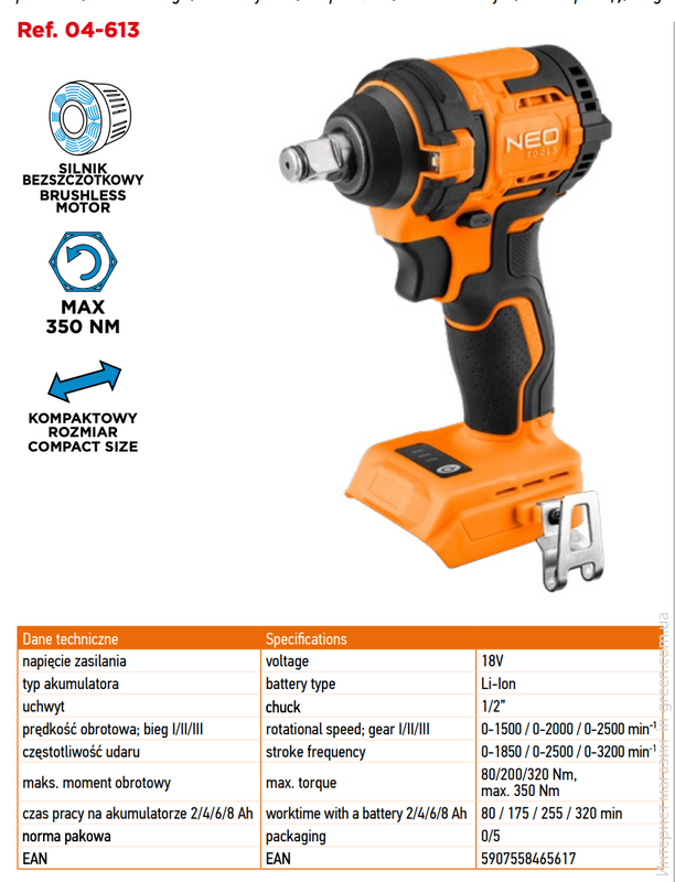 Гайковерт ударний Neo Tools Energy+ 18В 04-613 (без АКБ та ЗП)