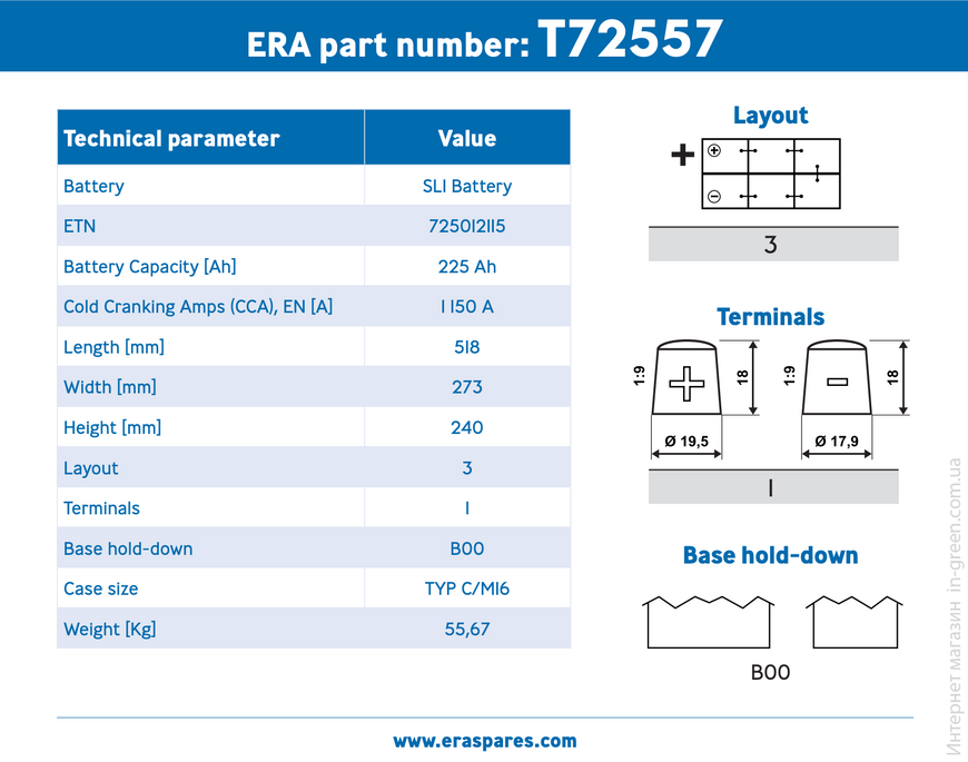 Аккумулятор ERA SLI 12В 225Ач 1150А L+ T72557 (725012115)