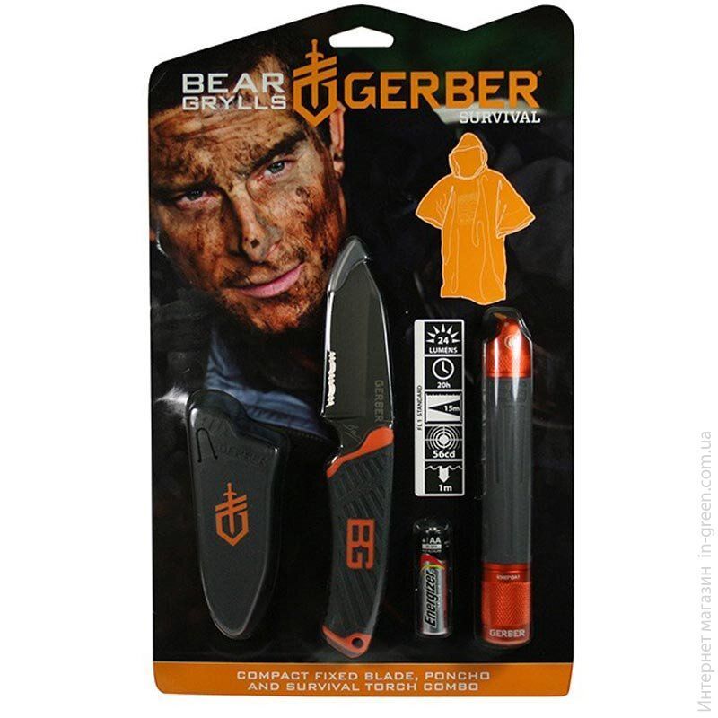 Туристический нож Gerber Bear Grylls Compact Fixed Blade + ліхтар + пончо