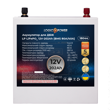 Акумулятор LP LiFePO4 12V - 202 Ah (BMS 80A/40A) металл для ДБЖ