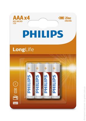 Батарейка Philips LongLife Zinc Carbon (R03L4B/10) вугільно-цинкова AAA блістер