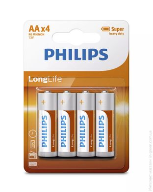 Батарейка Philips LongLife Zinc Carbon (R6L4B/10) вугільно-цинкова AA блістер