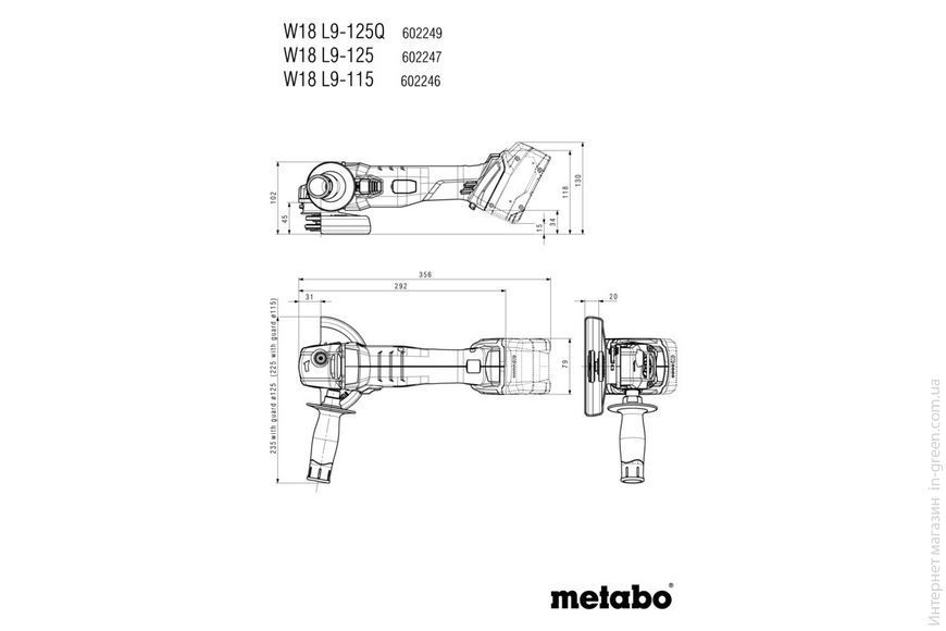 Акумуляторна кутова шліфувальна машина щіткова METABO W 18 L 9-125 (каркас)