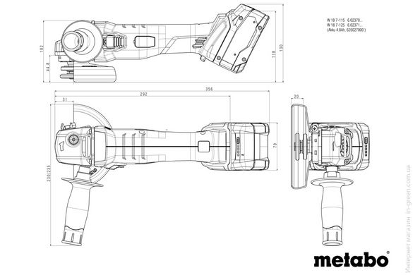 Акумуляторна кутова шліфувальна машина METABO W 18 7-125 (body in metaBOX 165 L)
