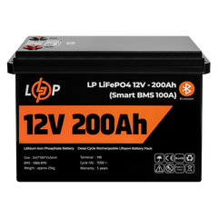 Акумулятор LP LiFePO4 12V (12,8V) - 200 Ah (2560Wh) (Smart BMS 100А) з BT пластик для ДБЖ