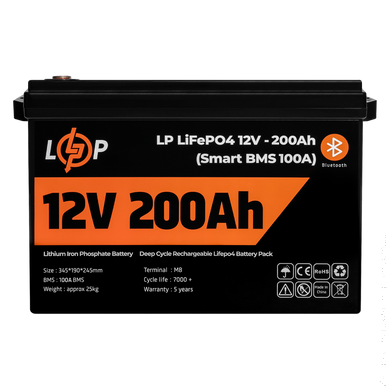 Аккумулятор LP LiFePO4 12V (12,8V) - 200 Ah (2560Wh) (Smart BMS 100А) с BT пластик для ИБП