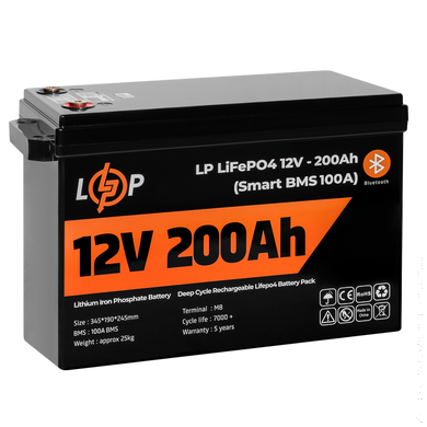 Аккумулятор LP LiFePO4 12V (12,8V) - 200 Ah (2560Wh) (Smart BMS 100А) с BT пластик для ИБП