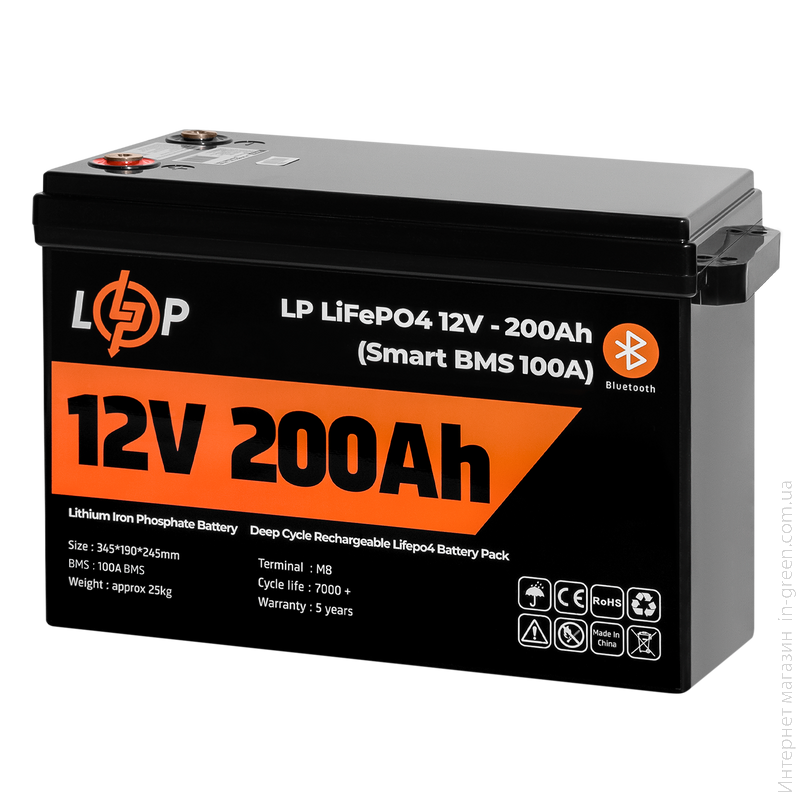 Акумулятор LP LiFePO4 12V (12,8V) - 200 Ah (2560Wh) (Smart BMS 100А) з BT пластик для ДБЖ