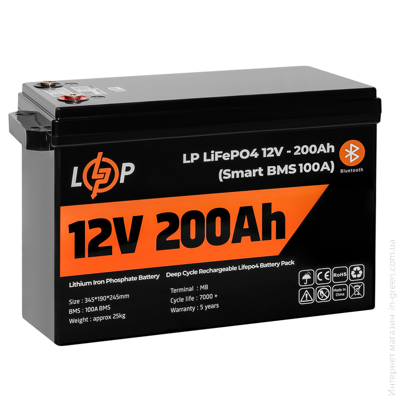 Акумулятор LP LiFePO4 12V (12,8V) - 200 Ah (2560Wh) (Smart BMS 100А) з BT пластик для ДБЖ